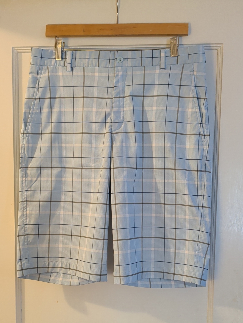 Nike Golf Light Blue Windowpane Flat-Front Golf Shorts, Sz 33